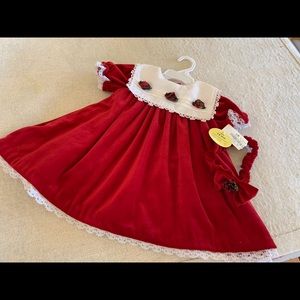 Velvet Red Lace Trim Lined Dress sz 12 mos